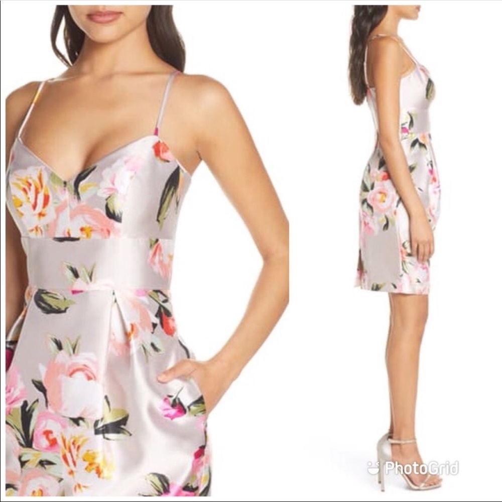 ELIZA J Mikado Floral Print Cocktail Dress Spaghetti Strap Gray Pink Size 8 New - Picture 6 of 14